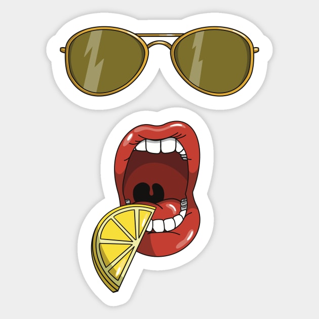 Mouth about to eat a slice of a yellow lemon and matching yellow sun glasses Sticker by Fruit Tee